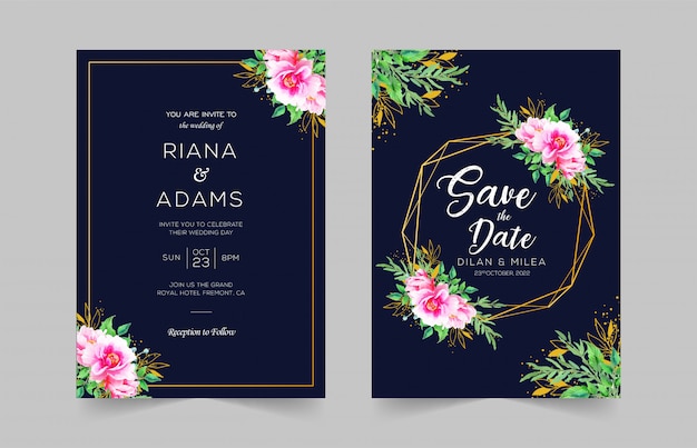 Elegante bruiloft uitnodigingskaarten sjabloon met aquarel bloemendecoratie