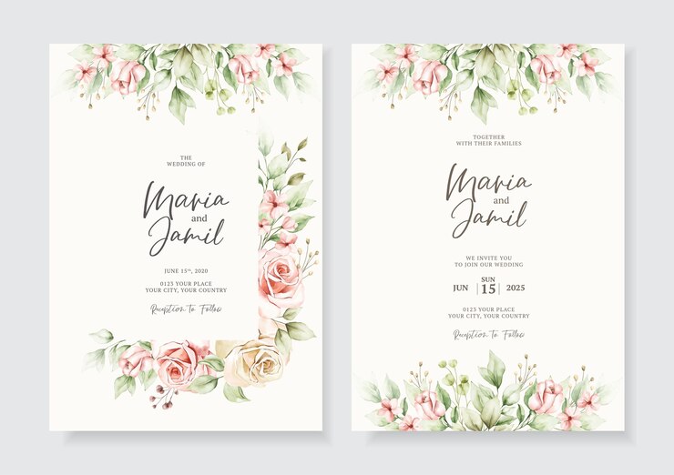 Vector elegante bruiloft uitnodigingskaarten sjabloon met aquarel florale decoratie