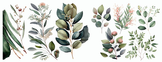 Vector elegante collectie aquarellen, groen en bloemen, met de hand geschilderde botanische illustraties voor uitnodigingen.