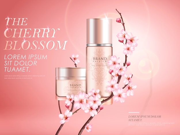 Elegante cosmetische advertenties met kersenbloesem, twee prachtige containers met sakuratakken en zonlichteffect op roze achtergrond in afbeelding