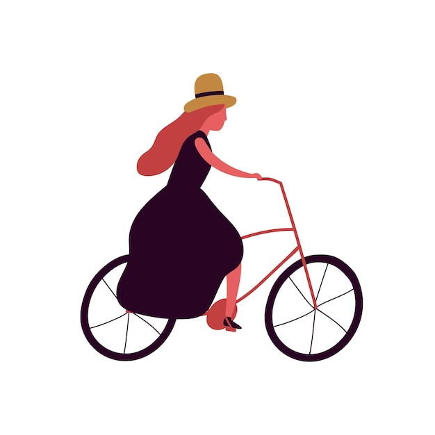 Elegante dame in hoed en jurk ritje op platte fiets vectorillustratie. vrouwelijke cartoon karakter wielrenner geïsoleerd op een witte achtergrond. gekleurde modieuze meisje genieten van buiten fietsen.