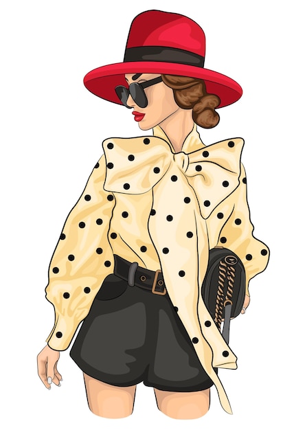 Vector elegante dame in polka dot blouse cartoon vectorillustratie. mooie vrouw met rode hoed