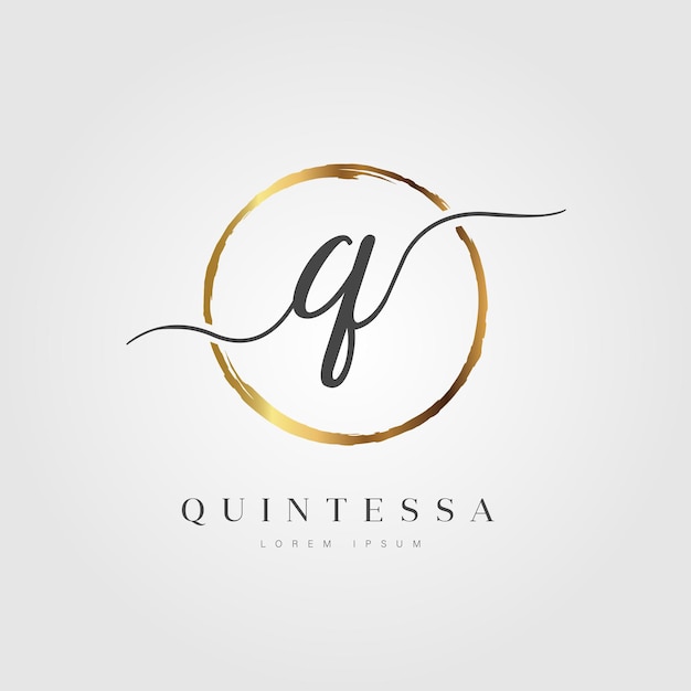 Elegante eerste letter type q-logo met gouden cirkel geborsteld