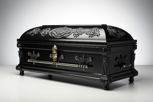 Elegante glanzende zwarte houten kist met gesloten deksel met gouden accessoires geïsoleerd op witte achtergrond