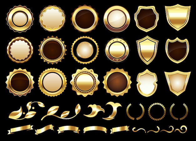 Elegante gouden etiketten. schilden badges, gouden sier scrollt amd retro label vector illustratie set