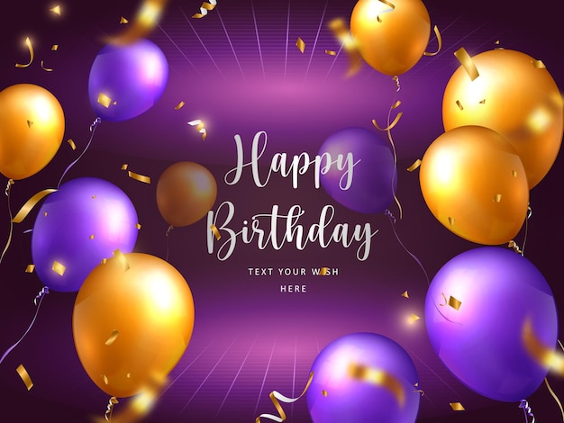 Elegante goudgele paarse ballon en party popper lint perspectief achtergrond gelukkige verjaardag viering kaart sjabloon voor spandoek