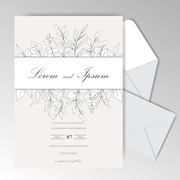 Vector elegante hand getrokken bruiloft uitnodigingskaarten sjabloon met mooie bladeren