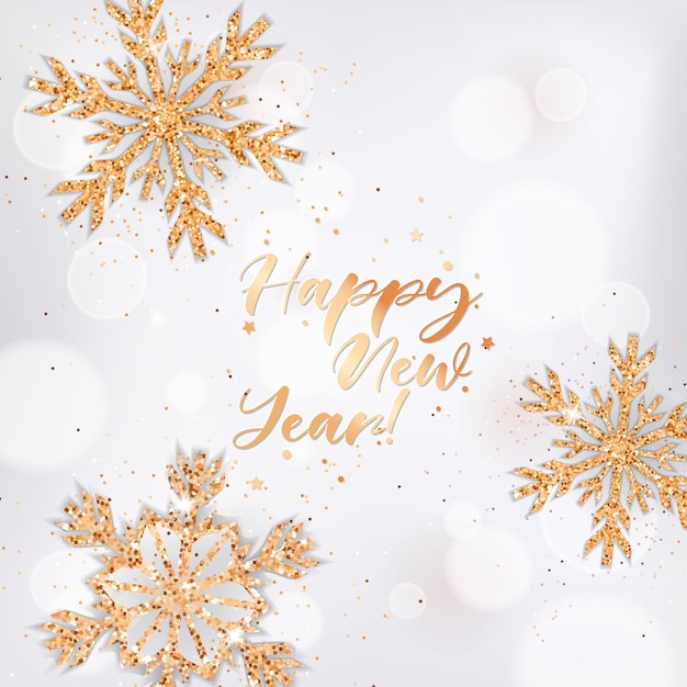 Elegante happy new year wenskaart met gouden sneeuwvlokken en glitter op witte onscherpe achtergrond en belettering. kerst- of nieuwjaarsgroeten, vakantiekaart, uitnodigingsflyer of brochureontwerp