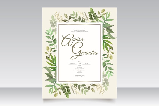 Elegante huwelijksuitnodigingskaart met prachtige bladerensjabloon Premium Vector