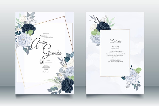 Elegante huwelijksuitnodigingskaart met prachtige marineblauwe bloemen en bladerensjabloon Premium Vector