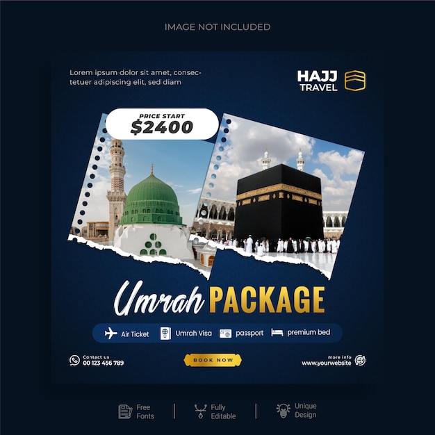 Vector elegante islamitische hajj en umrah pakket vierkante flyer