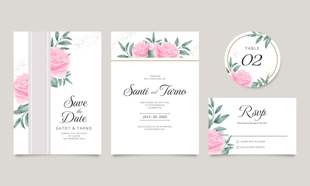 Elegante kaartsjabloon voor huwelijksuitnodigingen met decoratie van rozen en bladeren
