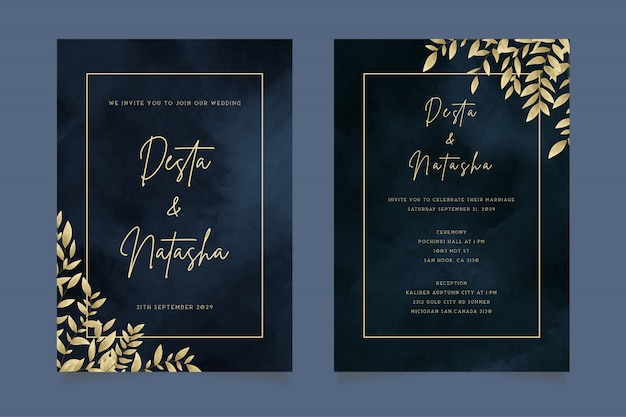 Vector elegante luxe donkere aquarel bruiloft uitnodiging met gouden bladeren