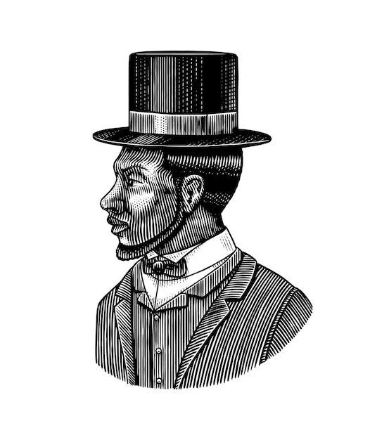 Elegante man mannelijk gezicht Afro-Amerikaanse heren in cilinderhoed Victoriaanse tijdperk mode en kleding