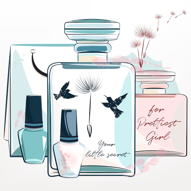 Vector elegante modieuze illustratie met parfumflessen en make-up dingen