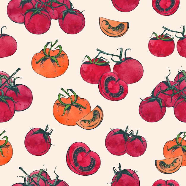 Elegante naadloze patroon met hele en gesneden rode tomaten op lichte achtergrond. achtergrond met de hand getekende natuurlijke biologische groenten. illustratie voor stof print, inpakpapier, behang.