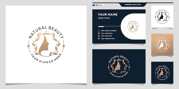 Elegante natuurlijke schoonheid vrouw gezicht logo met creatief modern concept en visitekaartje Premium Vector