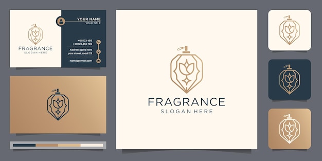 Elegante parfum glazen fles logo sjabloon lineaire stijl ontwerp en visitekaartje premium.