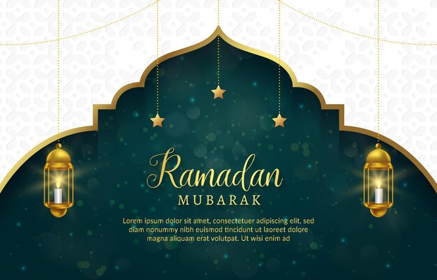 Vector elegante ramadan mubarak illustratiebanner met glanzend licht islamitisch ornament en abstract gradiënt groen en wit achtergrondontwerp