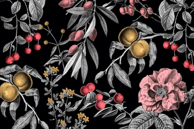 Elegante roos bloemmotief vector roze vruchten vintage illustratie