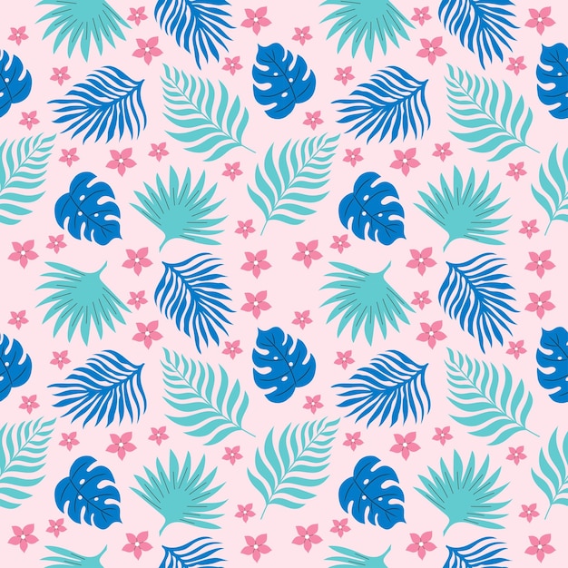 Vector elegante roze achtergrond met blauwe palmbladeren vector naadloos ontwerp