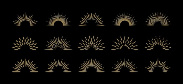 Elegante sunburst set, zonnestralen collectie pictogram logo vector ontwerp op zwarte achtergrond