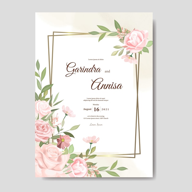 Elegante trouwkaart met prachtige bloemen en bladeren sjabloon premium vector