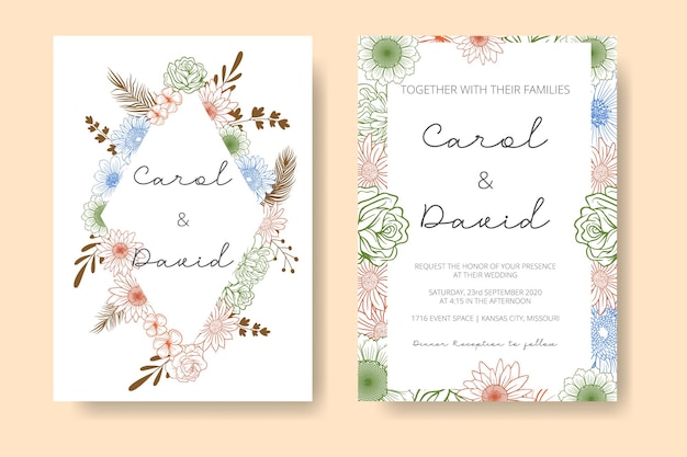 Vector elegante trouwkaart met prachtige bloemen- en bladerensjabloon