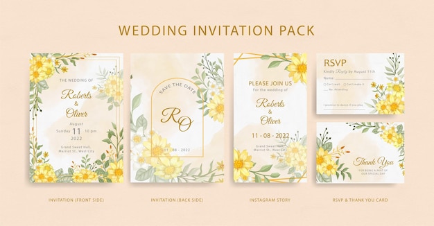 Elegante trouwkaart set gele bloem