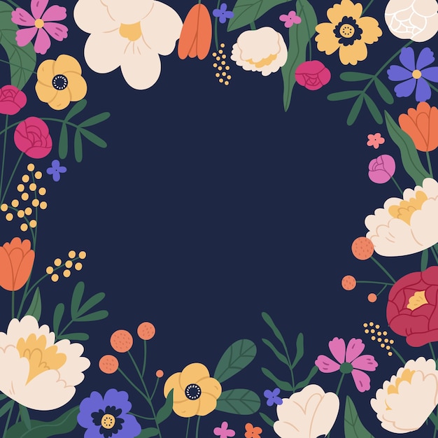 Elegante vierkante achtergrond met kleurrijke bloei bloem platte vectorillustratie. decoratieve sjabloon met prachtige bloeiende planten. romantische border met tuinbloemen. natuurlijke bloesem achtergrond.