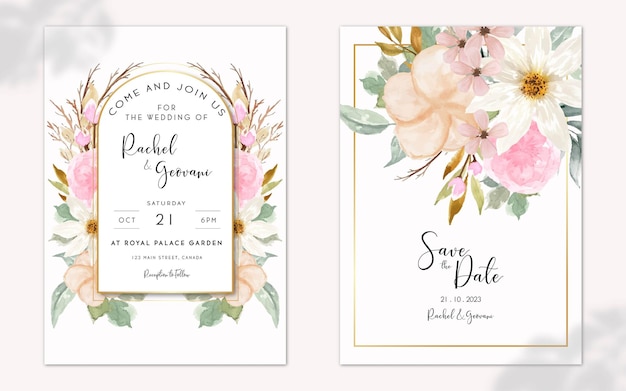 Elegante vintage roze en witte aquarel bloemen bruiloft uitnodigingsset