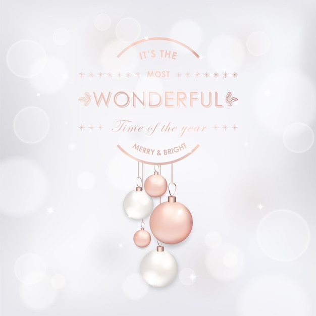Elegante vrolijke kerstkaart met roségouden kerstboomballen voor uitnodiging, groeten of flyer en nieuwjaarsbrochure 2019