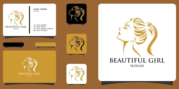 Elegante vrouw gezicht logo met visitekaartje premium vector