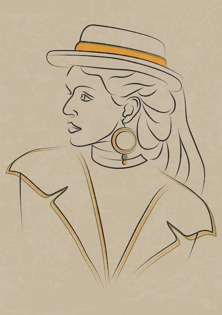 Elegante vrouw in hoed lijntekening poster illustratie