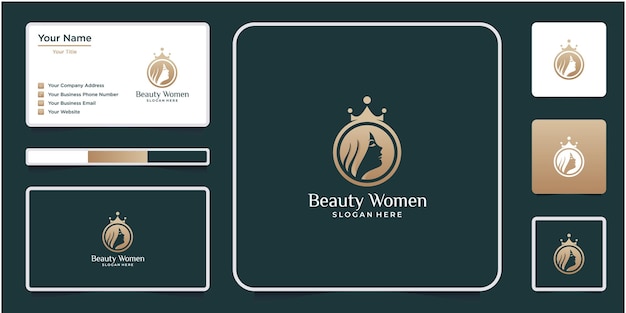 Elegante vrouw kapsalon gouden gradiënt logo ontwerp en visitekaartje