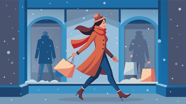 Elegante vrouw winkelen in besneeuwde winter stad scène vector illustratie
