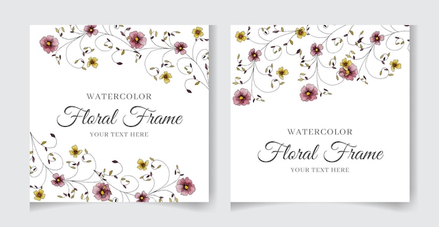 Elegantie bruiloft aquarel vierkante uitnodigingskaart en bloemen frame schilderij bloem sjabloon