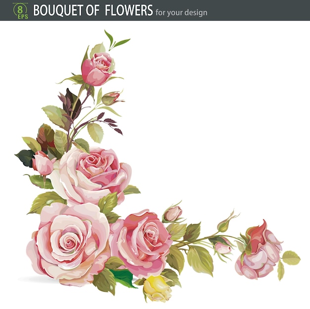 Elegantie uitnodiging met roos Bouquet van roze bloemen geïsoleerd op witte achtergrond