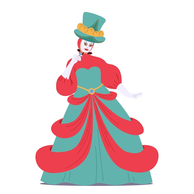 Вектор Элегантно украшенная венецианским маскарадным костюмом женщина излучает тайну и очарование в своем замысловатом развевающемся платье-маске и богато украшенных аксессуарах, отражающих суть вневременного гламура.
