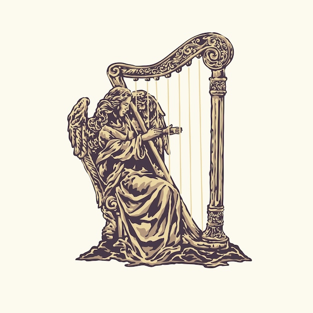 Elegantly angel played a harp with a vintage style illustration