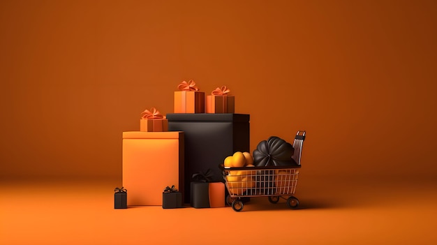 벡터 블랙 프라이데이를 위한 화려한 오렌지색 배경의 배너 광고에 우아하게 배열된 선물과 쇼핑 카트