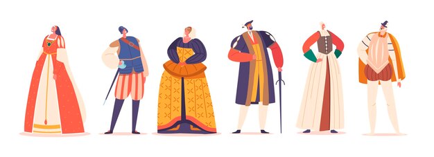 Vector elegantly dressed characters in renaissanceera costumes adorned with intricate details and rich fabrics illustration