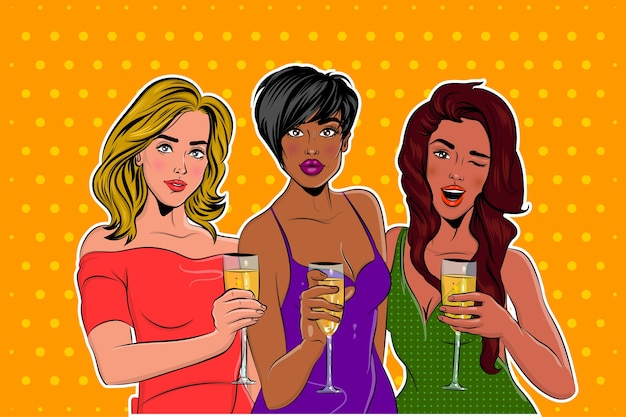 Vector elegantly dressed girls pop art at a party with a glass of champagne