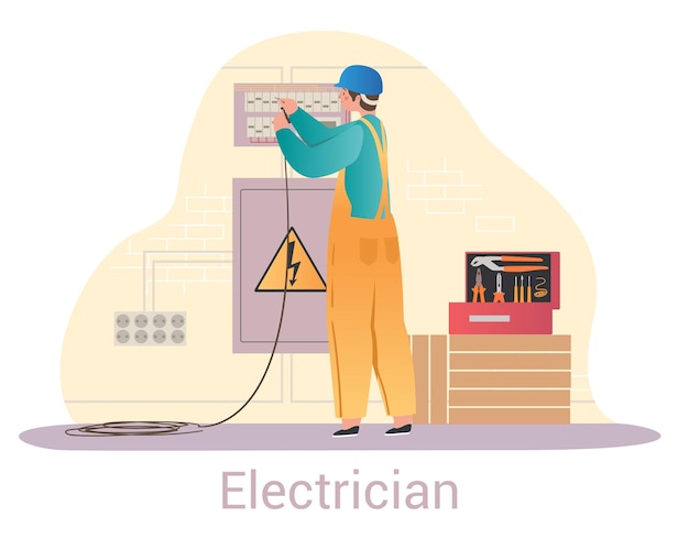 Vector elektricien die een schildwerker repareert, geleidt elektriciteit in huis, gevaarlijk werk, draadreparatie-isolatie