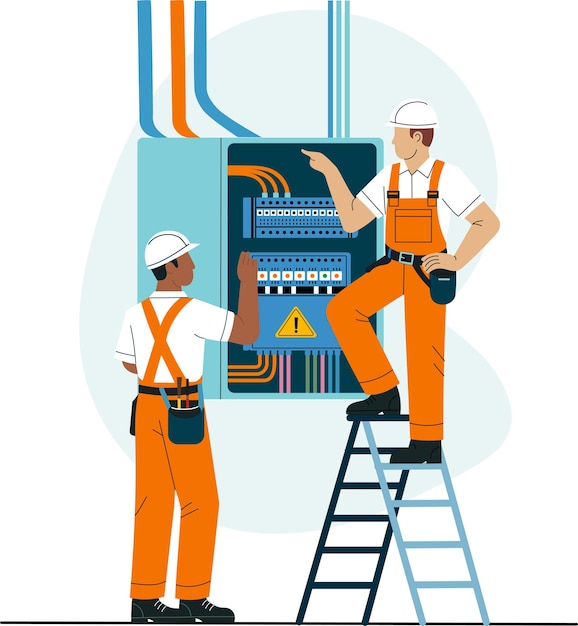 Elektricisten inspecteren het onderhoud en het veiligheidsconcept van elektrische panelen