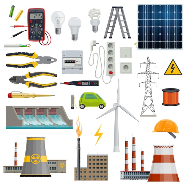 Vector elektriciteit energie en energie-industrie iconen
