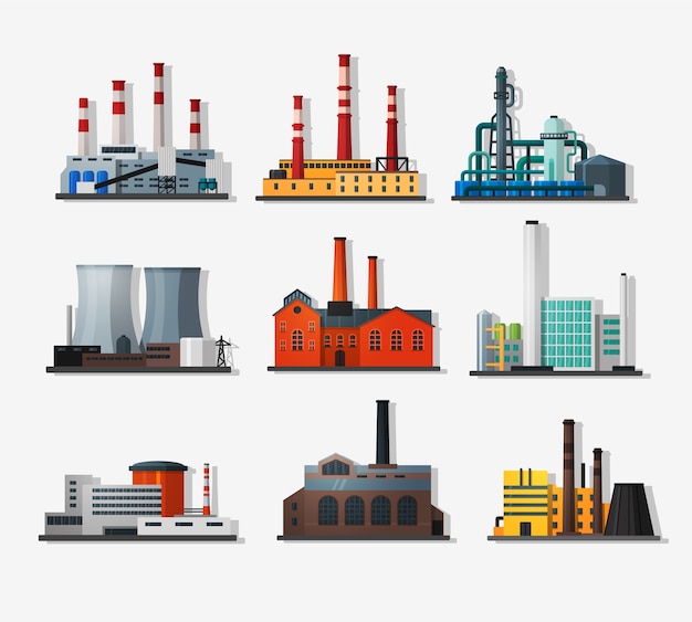 Elektriciteitscentrale in vlakke stijl en lange schaduw. Kerncentrale en chemische fabriek, oude fabriek en moderne fabriek. Gedetailleerde vlakke stijl.