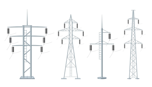 Elektriciteitspalen Hoogspanningsconstructies van metaal fatsoenlijke vector realistische sjablonen