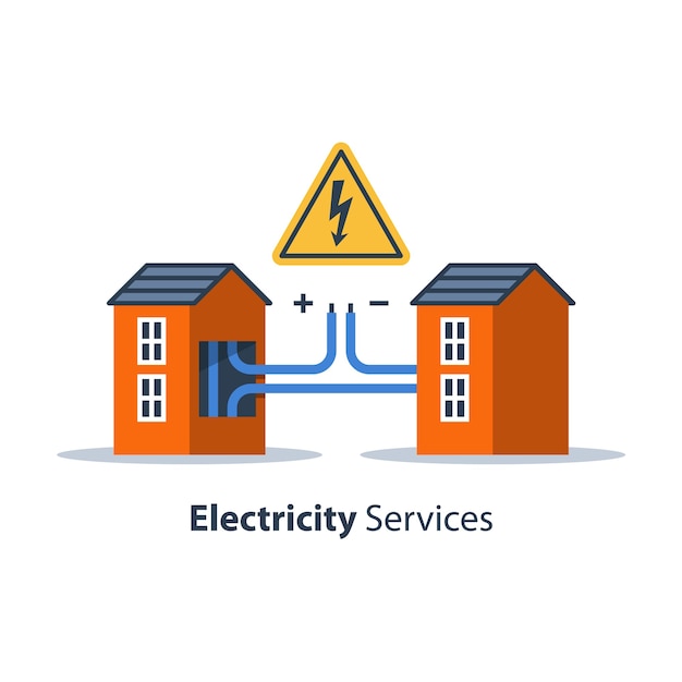 Elektriciteitsreparatie- en onderhoudsdiensten, huis met hoogspanningsbord en draadverbinding, elektrische veiligheid, platte ontwerpillustratie