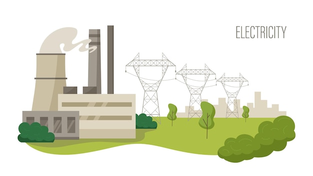 Vector elektriciteitstransmissie naar de stad hoogspanningslijnen pylonen leveren elektriciteit van elektriciteitscentrale naar stadsgebouwen vector illustratie